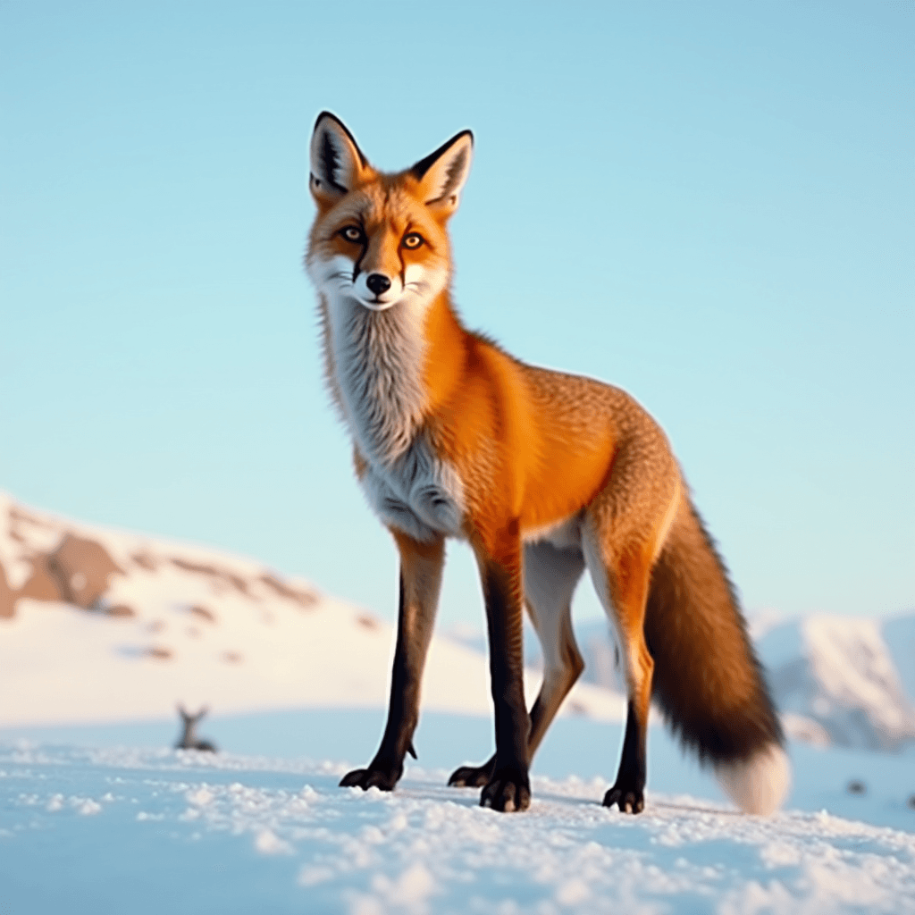 A red fox standing on a snowy terrain with a clear blue sky.