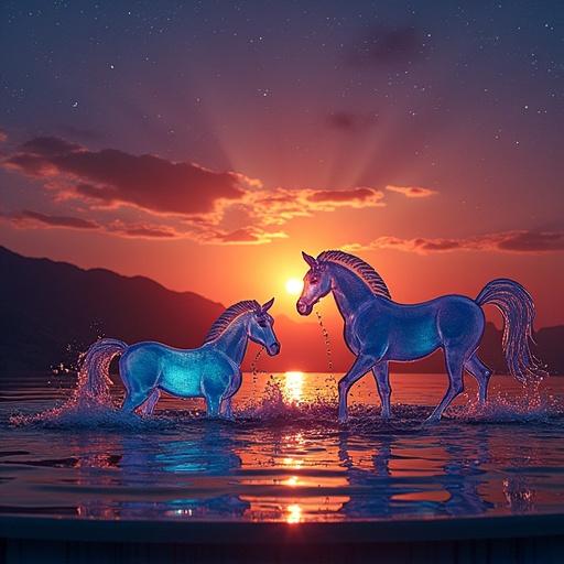 Translucent glass horses splashing across the top of a sunset bird bath. Professional photograph showcasing vibrant dark colors. Milky Way comet in the background.