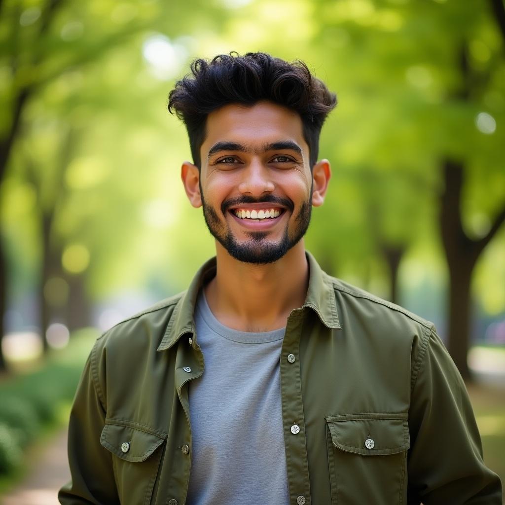 This image features a young man outdoors, smiling genuinely at the camera. He is dressed casually in a grey t-shirt and an olive green jacket, embodying a relaxed style. The background showcases lush green trees, creating a vibrant and refreshing atmosphere. The lighting is natural and soft, which enhances his youthful and cheerful demeanor. This portrait successfully evokes feelings of happiness and positivity, making it suitable for lifestyle-related content.