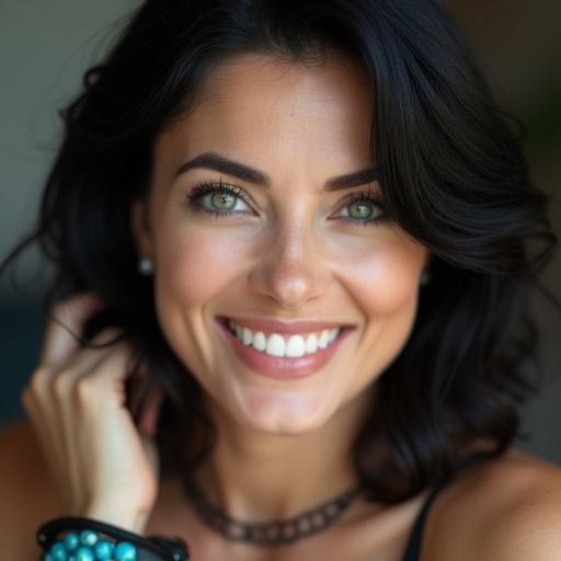 Portrait of a woman with black hair smiling. She has green eyes and a small gap in her teeth. She wears a blue bracelet and a black necklace with a turquoise pendant. Soft natural lighting highlights her features.