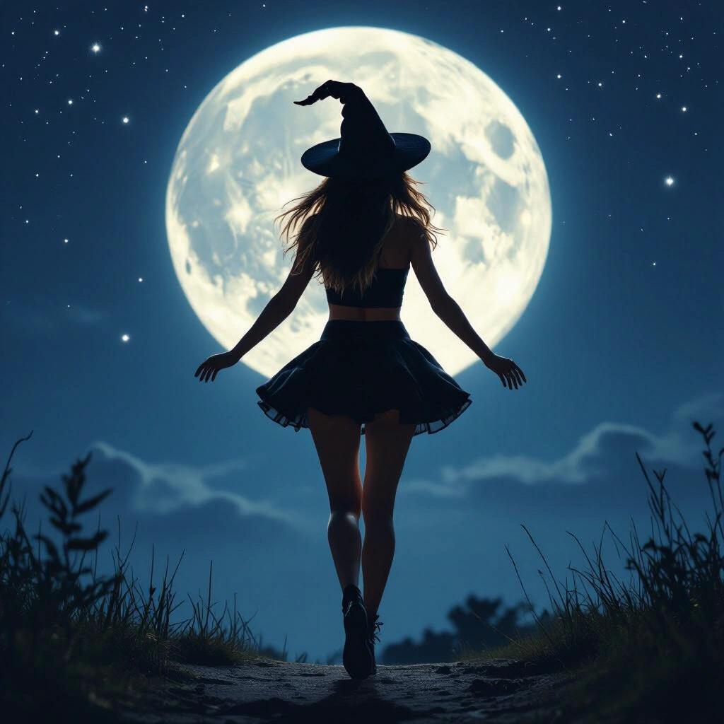Young woman wearing a witch hat crop top and miniskirt flying towards a full moon with her feet off the ground. Night sky illuminated by moonlight.