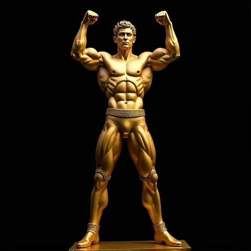 Golden statue depicts muscular male figure with detailed physique. Light complexion; 20s or 30s. Expression shows power and determination. Wears stylized golden armor, knee pads, and boots. Gold belt around waist. Arms raised; one in fist, other straight up. Positioned slightly off-center to left. Facing forward, slightly angled. Three-quarter view highlights form. Predominantly rich gold color with shading. Pure black background contrasts with figure. Highly detailed and dramatic style reminiscent of classic sculptures. Intense and imposing atmosphere. Textured patterns of gold enhance volume on muscles and armor. Symmetrical composition emphasizes strength.