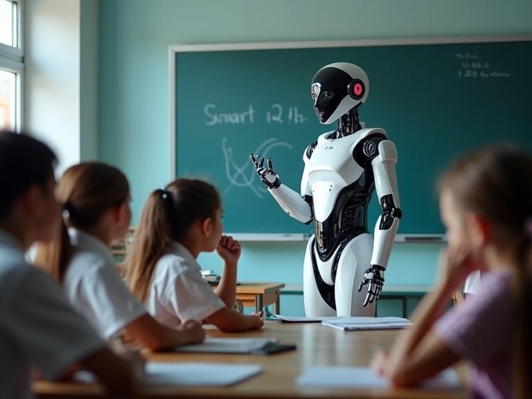 AI robot teaches in a classroom. Children observe the lesson eagerly. Classroom setting with desks and a chalkboard.