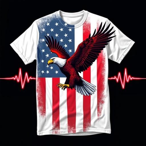 Graphic design features a stylized American flag with bold red and white stripes and a section of blue with white stars. Vibrant red ECG heartbeat line overlays flag. Majestic red eagle with wings spread over the flag. Design printed on classic white t-shirt. Black background creates striking contrast. Overall impression is patriotic and energetic.