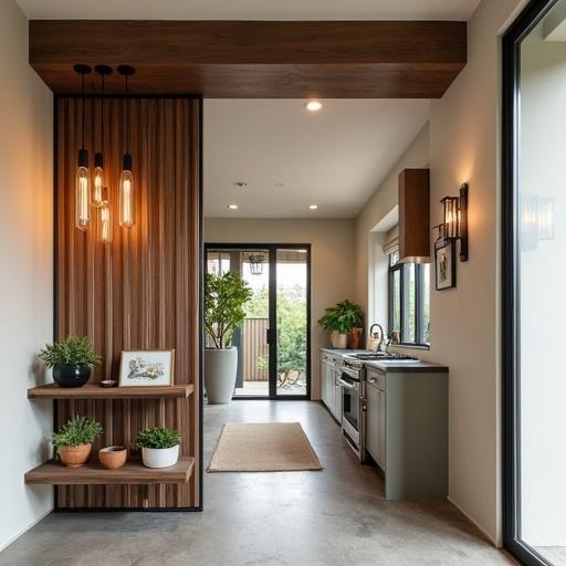 A contemporary kitchen entrance with a hanging partition. Partition features iron and walnut design elements. Three pendant lights create warm ambiance. Earthy tones and textures are present in decor. Overall a modern rustic style.