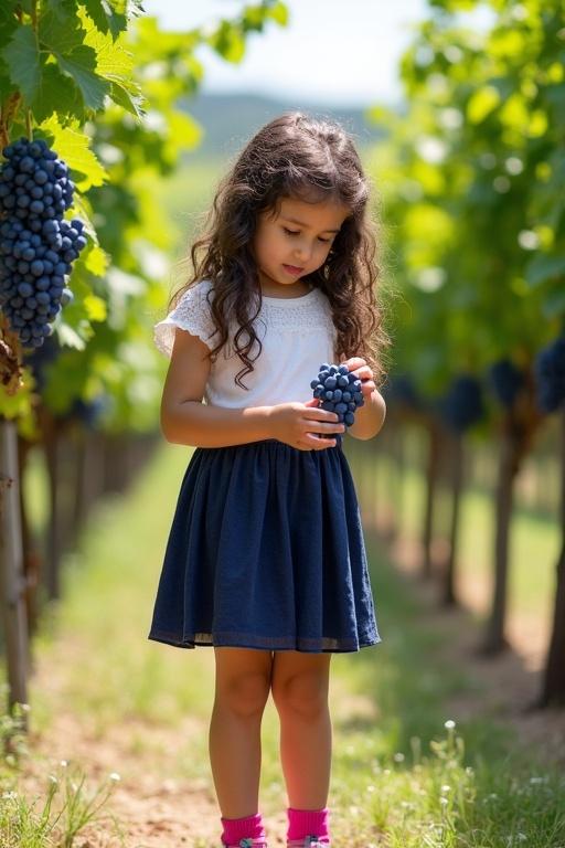 A girl with long curly hair inspects grapes in a sunny vineyard. She wears a white top, a dark blue skirt, and pink socks. The vineyard has lush green vines.