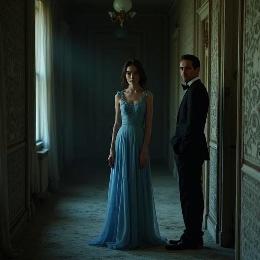 A young person dressed in a flowing indigo dress faces the viewer. Soft light illuminates their face in a shadowy hallway of a mansion. A man in a tuxedo stands nearby, creating a tense atmosphere. Another woman in a crimson corset enters the scene, gazing at the young person, emphasizing the layered tension.