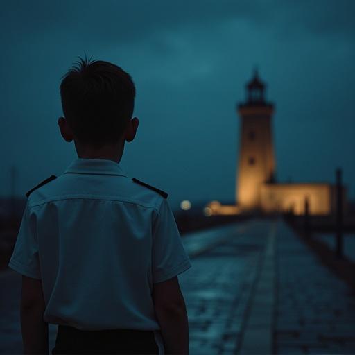 A boy in a white uniform stands on a street in a dark environment. He looks towards a lighthouse that is brown and square. The scene feels eerie.