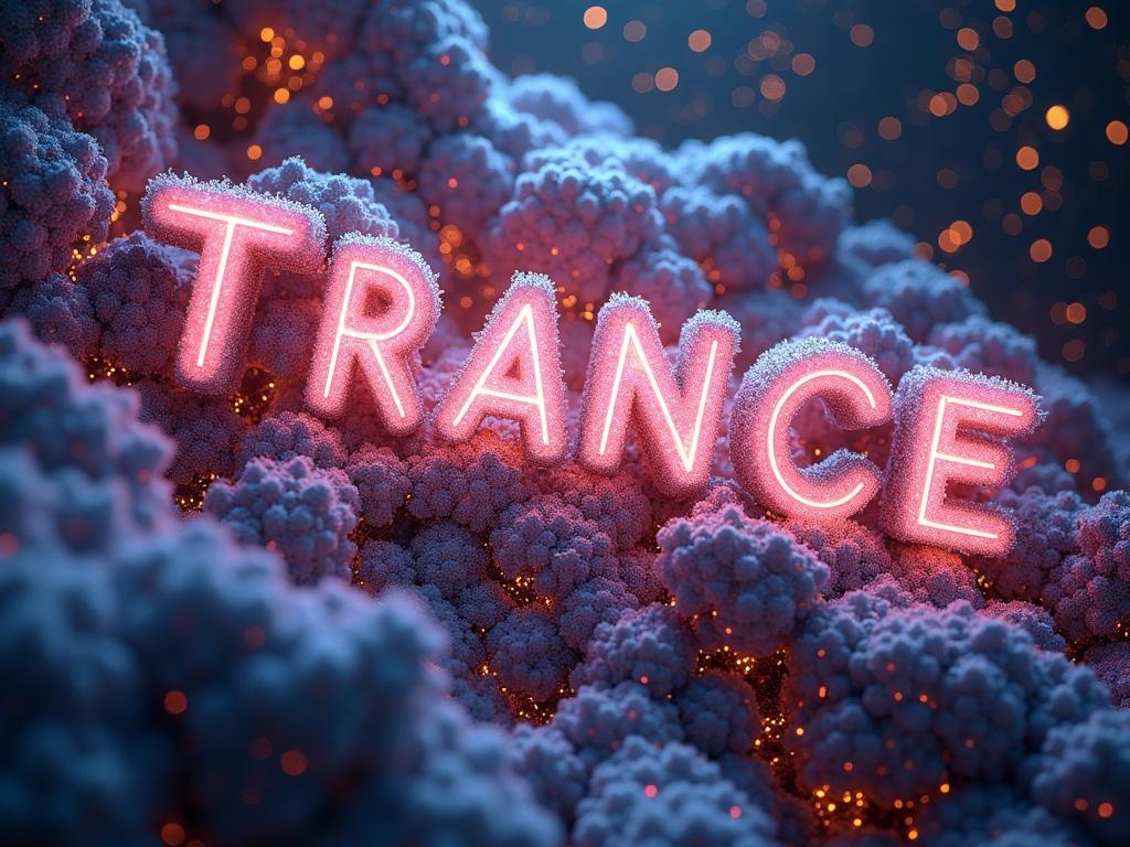 Fractal vibrant artwork for an album cover featuring futuristic text saying Trance