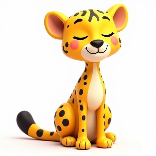 Cute 3D cartoon cheetah character with stylized design. Yellow body decorated with black spots. Character has closed eyes and a smiling face. Represents whimsical children's book character. Features textured wood carving style. Appears handcrafted like clay or toy. Clean render with isolated transparent background. Evokes Pixar animation style.