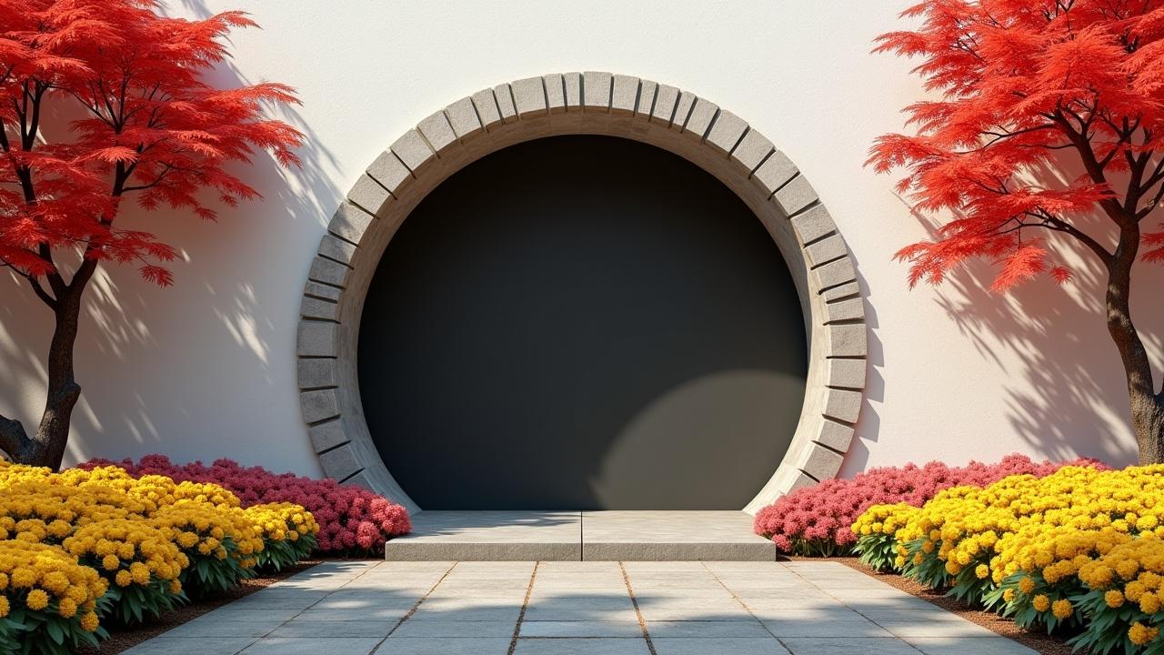 The image features a large circular stone archway set against a plain white wall. Flanking the arch are vibrant red trees that contrast beautifully with a bed of yellow and pink flowers in the foreground. The archway itself leads to a dark interior, creating a sense of mystery. The scene is well-lit, enhancing the colors of the plants. The design suggests a modern garden or an artistic installation, inviting viewers to envision walking through the arch. The overall composition is harmonious and pleasing, reflecting tranquility and beauty.