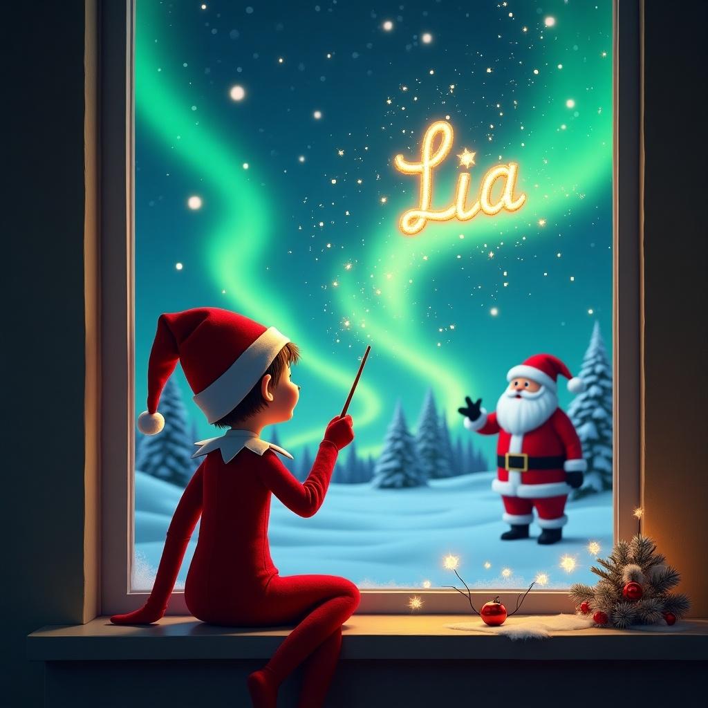 A whimsical depiction of an elf on the shelf sitting by a window. The elf, dressed in a bright red costume, is facing away from the viewer. Using a wand, the elf writes in the night sky. Outside, there's a stunning display of northern lights illuminating the scene. In the distance, Santa Claus is visible, enhancing the festive atmosphere. The names ‘ Lia ' sparkle in the sky, embodying the spirit of Christmas wonder.