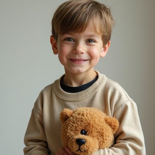 A boy smiling while holding a teddy bear. The boy has light brown hair and wears a beige sweater. Soft natural light highlights the scene. The teddy bear is brown and cuddly. The background is neutral, focusing on the boy and the teddy bear.