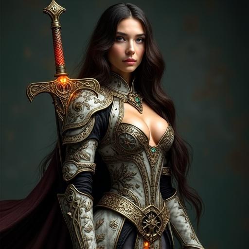 A striking female warrior with a slender figure and natural-colored eyes. Full-body portrait of a 25-year-old with long dark brown hair streaked with crimson flames. She wears revealing armor blending black and white, adorned with gemstones and filigree. Intricate clockwork details are visible through transparent armor sections. Her skin features glowing magical tattoos. A Celtic sword rests on her shoulder, embellished with green and gold gemstones. Dark fantasy style with cinematic lighting, emphasizing her silhouette.