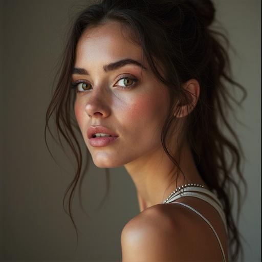 Create a realistic photo of a woman. The image should feature a close-up portrait highlighting facial features. Use soft, natural lighting to enhance the subject's beauty and evoke warmth.