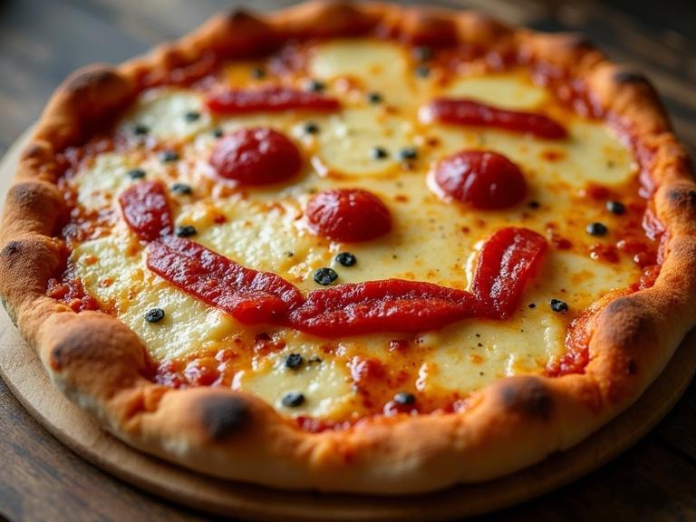A pizza with a smiley face made of pepperoni and cheese. The pizza is circular with a golden crust. Toppings include mozzarella cheese, sliced pepperoni, and olives. The background is rustic wood.