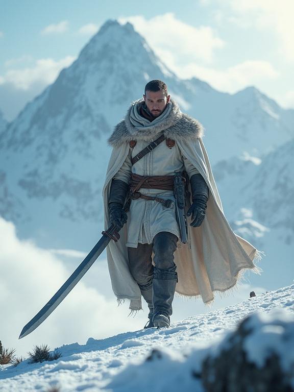 Photorealistic image of a heroic male figure standing in snowcapped mountains. Dressed in a sophisticated cloak and wielding a sword. An adventurous, determined demeanor in a challenging landscape. Snowy terrain stretches around. Mountains loom in the background creating a dramatic atmosphere.