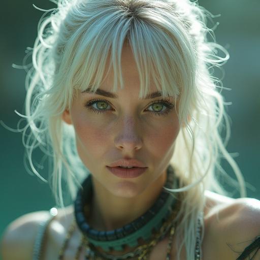 Ciberpunk woman with white hair and green eyes. Dreamy style and incredible figure. Soft skin with natural blush. Full body portrait in soft background.