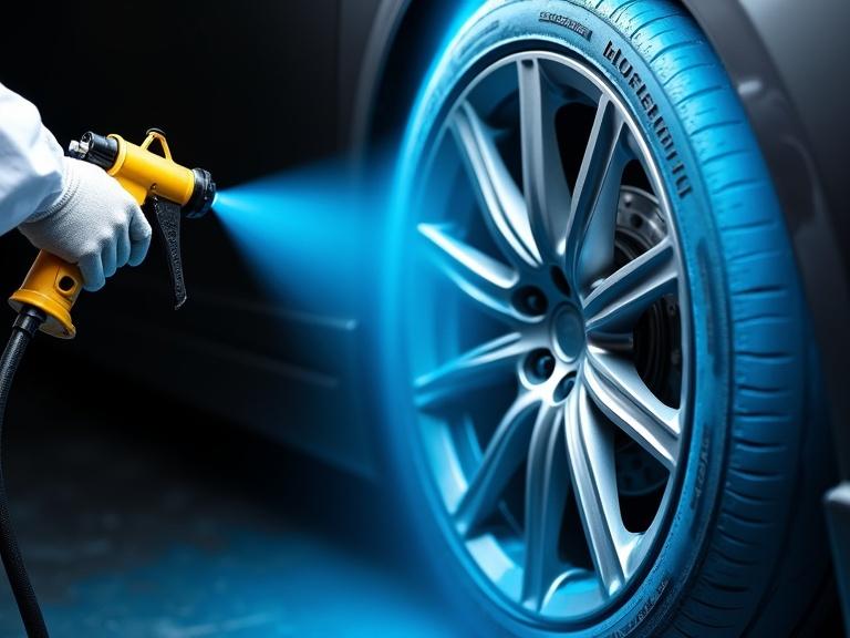 High-angle close-up shot of a professional-grade paint sprayer applying vibrant blue coating to a gray alloy wheel. Gloved hand in white lab coat holds sprayer. Controlled spraying creates a blue mist around the wheel. Complex spoke design highlighted by surrounding spray. Deep black background isolates action. Focused on technical application and paint control. Trends industrial, professional, clean, and technological with high contrast.