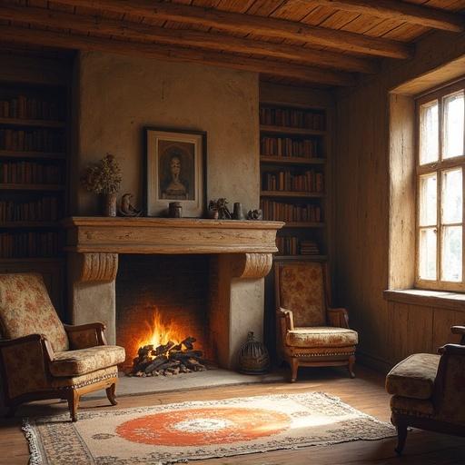 A rustic wooden room featuring a fireplace and two armchairs near a window. A carpet is laid on the floor, adorned with bookshelves filled with books. Style incorporates painterly realism with soft post-impressionist edges.