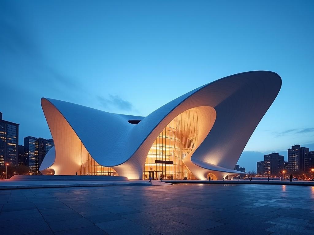 A modern, futuristic architectural building with a unique, wave-like roof structure, illuminated at dusk with cityscape in the background.