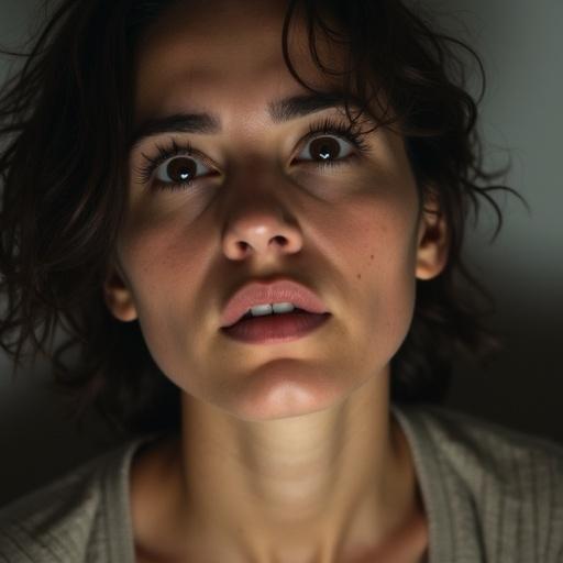 Close-up image of a woman gazing downwards. She has a look of wonder and curiosity on her face.