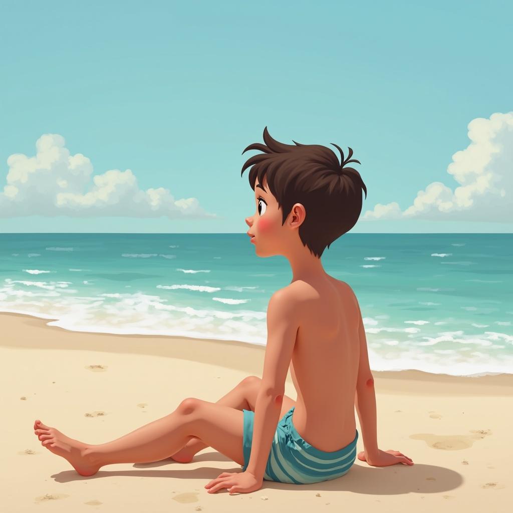 A cute twelve year old boy is sitting on the beach. He wears a speedo and looks towards the ocean. The setting is sunny with clear blue skies and gentle waves.