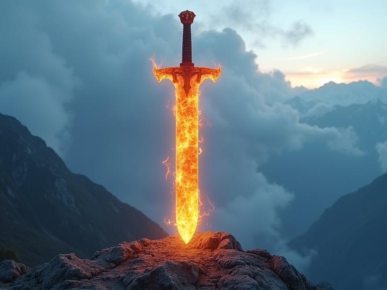A sword made of fire-looking glass sticks out of rocky ground. The sword is on fire. Mountains with a detailed view are far behind. Blue and gray clouds cover the sky. Sunlight is visible through the clouds.