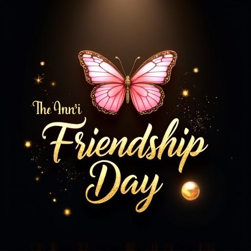 Elegant Friendship Day greeting. Luxurious golden text on glossy black background. Prominent pink and gold butterfly above text. Sparkling golden particles and shiny orb enhance celebratory aesthetic.