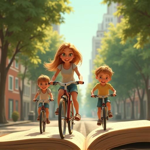Pixar/DreamWorks image of a natural blond woman with her two kids riding bikes on a street made of open books. The street features trees depicting data.
