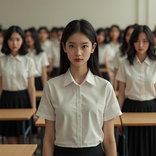 Realistic art featuring a classroom filled with identical women wearing cropped shirts and low-rise skirts. Soft bokeh effect creates a dreamy look.