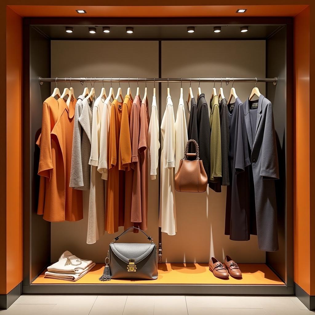 This image showcases a visual merchandise display for clothing designed in the style of Hermes. The display features an organized array of garments hanging on a sleek rod. The color palette includes earthy tones, with items in olive green, beige, and shades of gray. With soft, ambient lighting accentuating the clothes, the overall aesthetic conveys luxury and sophistication. A few accessories like a handbag and shoes are thoughtfully placed, enhancing the focal point of the garment display.