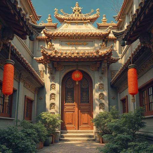 Traditional Chinese building with ornate entrance. Features decorative elements and lanterns. No people present. Focus on architectural beauty. Captured in soft natural light.