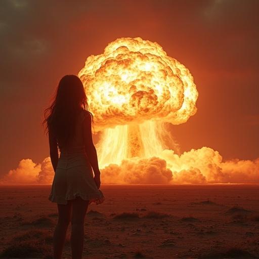 Image shows a girl standing in front of a massive atomic bomb explosion. The setting appears desolate with a dramatic sky.
