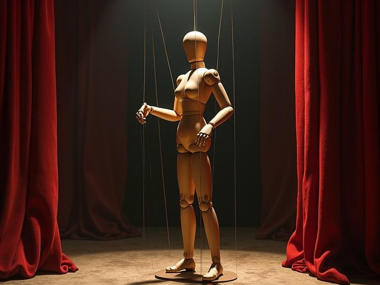 Wooden nude marionette puppet controlled by strings in a theater setting. The atmosphere is dramatic with deep red curtains and soft lighting. The scene reflects German Expressionism through strong contrasts and a muted color palette.