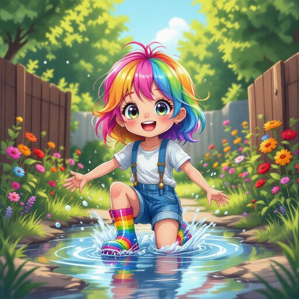 Cartoon girl with rainbow-colored hair plays in a puddle. She wears blue and white shirt blue cargo shorts and rainbow-colored wellies. A vibrant garden surrounds her.