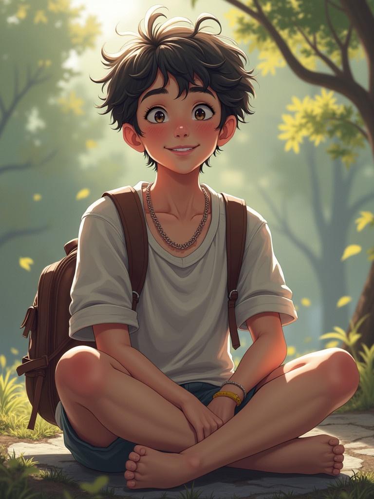 A child with curly hair sitting cross-legged in a peaceful outdoor setting. The child wears a loose shirt and shorts and has a backpack. Soft sunlight filters through trees, creating a warm atmosphere.