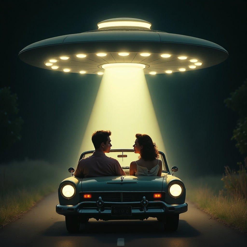 Depiction of a retro couple in 50s attire in a car on a dark road. The couple looks terrified. A flying saucer hovers above with a bright beam of light illuminating the car.