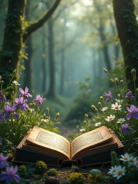 Hyperrealistic image of an open antique book with dark leather covers and gold details placed in an enchanted forest. The book's pages are illustrated and surrounded by vibrant flowers like daisies, irises and lilies. The background features tall trees, glowing moss and diffused light filtering through leaves. A central space with neutral lighting is provided for person integration.