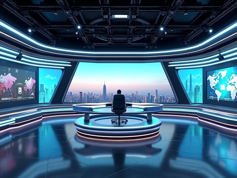 Ultra-realistic futuristic newsroom from the year 2100. Large immersive environment with sleek high-tech news desk and designer chair. Ambient ceiling lighting with architectural fixtures. Stylish color scheme of navy blue, silver chrome, and vibrant electric accents. Walls with interactive digital panels showing maps and headlines. Standing Lebanese flag in corner. Glossy black marble floor with digital inlays. Robotic cameras, ceiling lights, high-resolution screens displaying a city skyline. Include realistic details like cables, microphones, control panels, reflections. Wide-angle shot in photorealism with HDR lighting and depth of field.