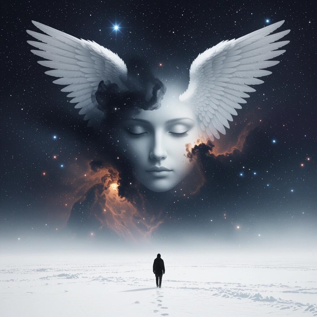 Surreal scene featuring an angelic face with wings above a dark nebula. A solitary figure stands in a snowy landscape gazing at the cosmic scene.