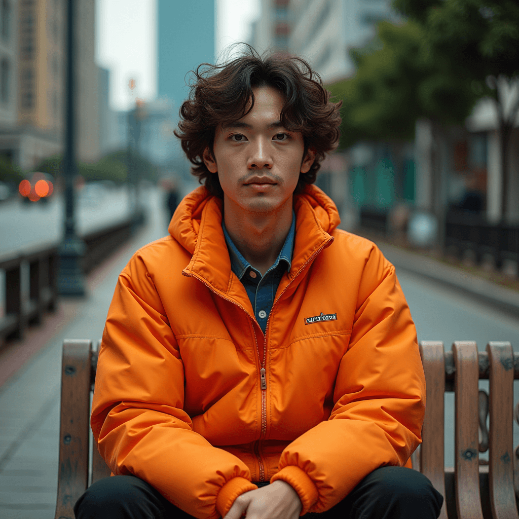 A person with curly hair wearing a bright orange jacket sits on a bench in a city street.