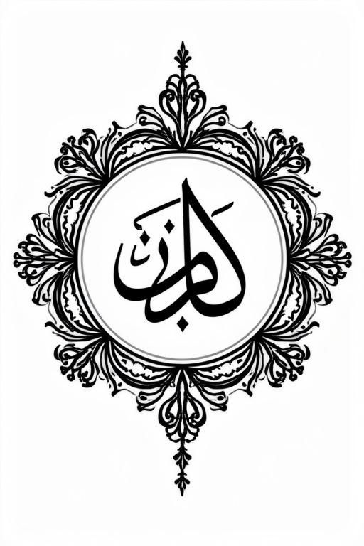 Circular Arabic calligraphy design featuring the name الإسلامবিসমিল্লাহ ية. Elegant intricate patterns complete a circular border.