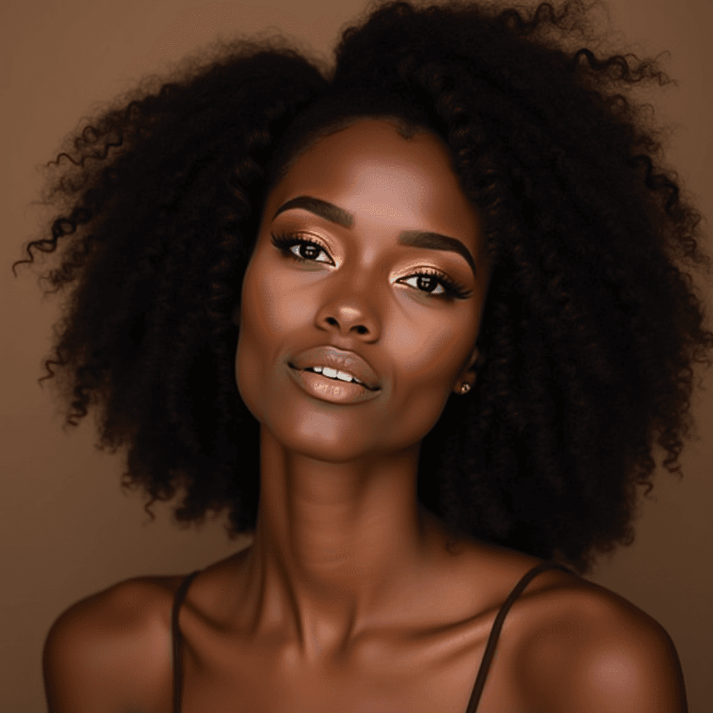 A woman with voluminous natural hair and glowing golden makeup gazes directly at the camera.