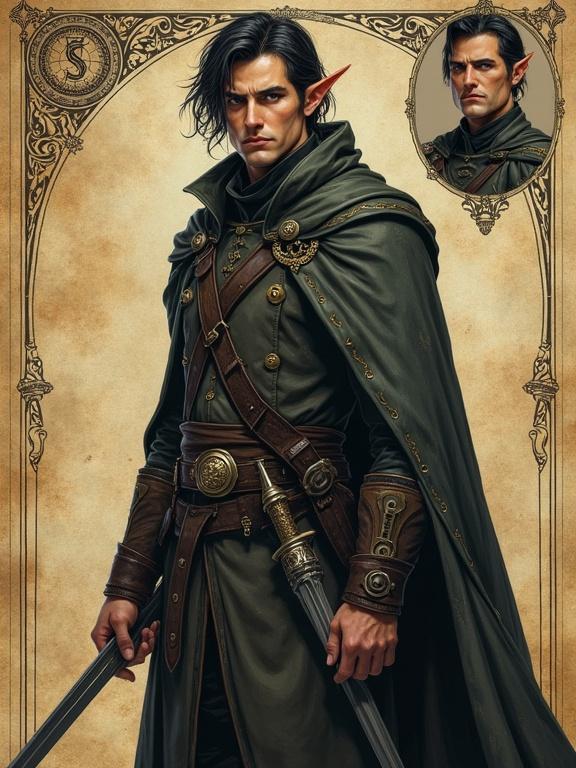Full-body portrait of half-elf male investigator standing confidently. Short pointed ears, gray-green eyes, medium-length dark hair. Wearing travel cloak with insignia. Two short swords on belt. Background resembles ancient parchment with arcane symbols and investigative instruments. Includes ink-drawn bust portrait in corner with pokerface expression.