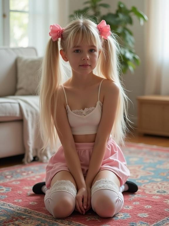 A teen with long blonde hair in twin tails kneels on a colorful rug in a soft-lit living room. She wears a crop top, pale pink skirt, thigh-high lace socks, and simple black shoes. Beautiful face with a youthful appearance.