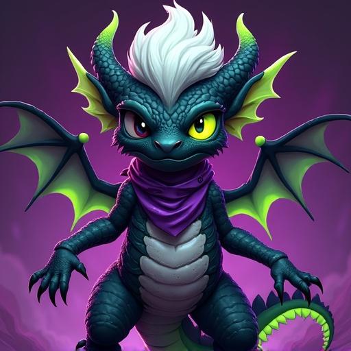 Dragon with black scales and a neon lime green underbelly. Purple lower jaw and black eyes with glowing neon lime green pupils. Fluffy white hair covering one eye with a smug expression. Jagged mouth and a dragon snout. Triangle mark on chest. Shiny melting goo body. Standing pose with pattern background. Lime green inner ear. Femboy body with digitigrade legs and large sharp claws. Triangle markings on arms and big smooth shark tail. Bright purple and black striped bandana on neck. Lime green hair tips and body spikes. Evil look with big eyelashes and bat wings that are lime green inside. Arm fins and neck gills present.
