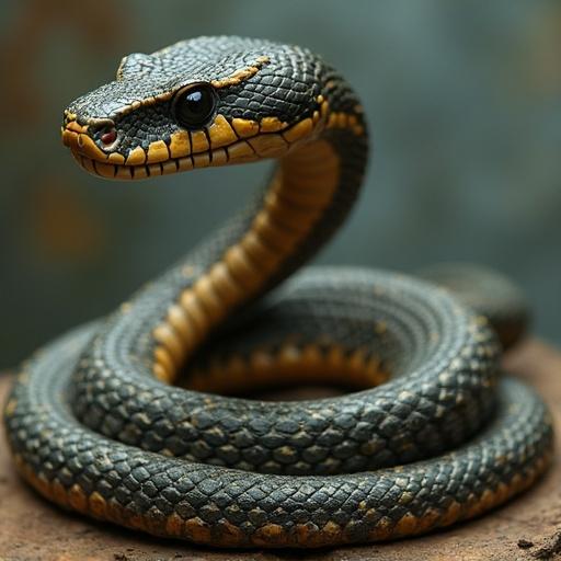 A close-up view of a coiled snake. The snake has intricate patterns on its scales. It is posed artistically with a soft background.