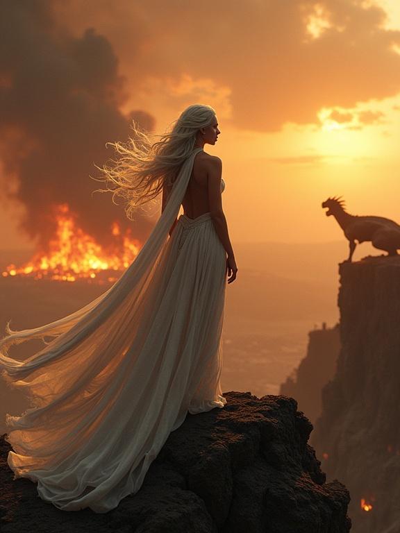 Majestic fierce queen stands on a scorched cliff at sunset. Wind blows through her silver-white hair. Behind her, a massive dragon perches on blackened rocks. Smoke curls from the dragon's nostrils. The queen gazes over a battlefield. Fiery sky filled with ash and golden embers. Ultra-detailed 8K with dramatic lighting. Epic dark fantasy atmosphere. Dynamic wind effects on her hair and gown. Close-up of her intense eyes filled with strength and sorrow.