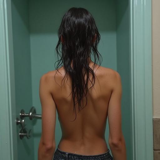A woman with wet clothes photographed from behind. She is 25 years old. Focus is on her back. Soft lighting enhances the scene.